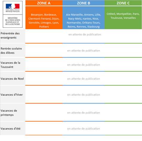 calendrier de l'année scolaire à venir